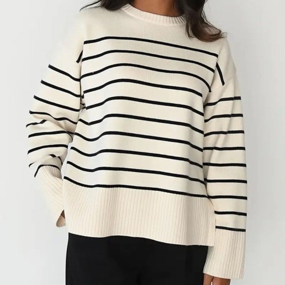 ZARA Cream Black Striped‎ Knit Sweater Women Medium French Chic Minimalist Prep